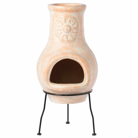 Vintiquewise Beige Outdoor Clay Chiminea Fireplace Sun Design Charcoal Burning Fire Pit with Metal Stand Fire Pit QI004601